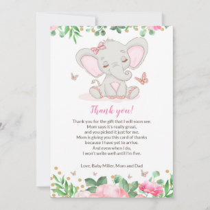 Floral Pink Elephant Baby Shower Thank You Card