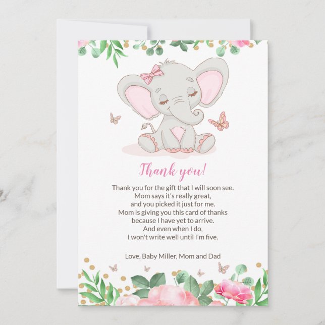 Floral Pink Elephant Baby Shower Thank You Card (Front)