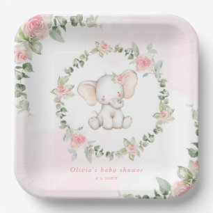 Floral pink elephant little peanut baby shower paper plate