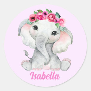 Floral Pink Elephant Personalised Name Classic Round Sticker