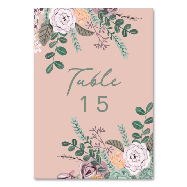 Floral pink eucalyptus wedding table number (Front)