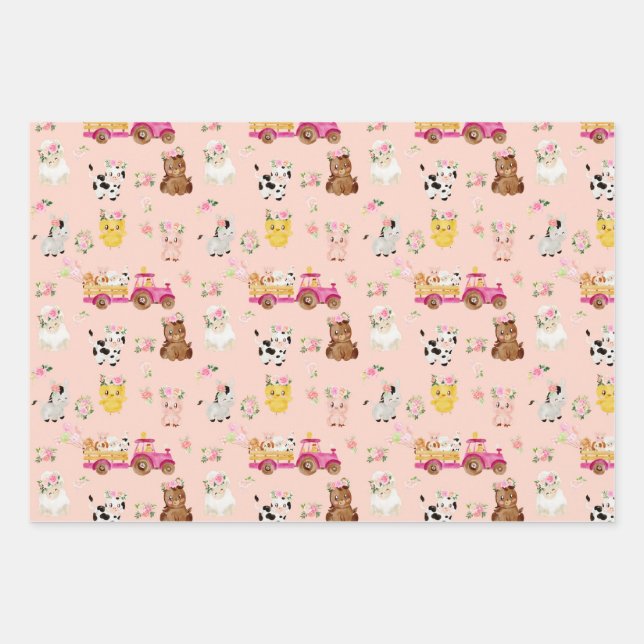 Floral Pink Farm/ Barnyard Children Gift Wrap (Front)