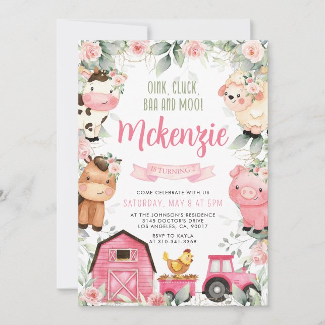 Floral Pink Farm Birthday Party Invitation (Front)