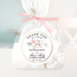 Floral Pink First Holy Communion Thank You Classic Round Sticker
