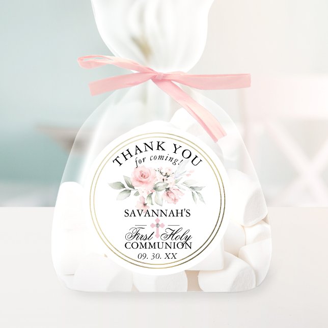 Floral Pink First Holy Communion Thank You Classic Round Sticker (Creator Uploaded)