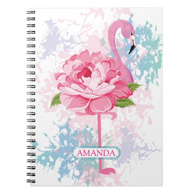 Floral Pink flamingo design Personalised Notebook (Front)