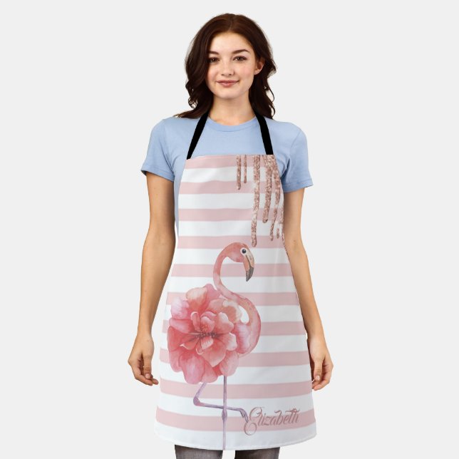 Floral Pink Flamingos,Glitter Drips, Stripes Apron (Worn)