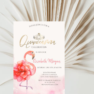 Floral Pink Flamingos Gold Tiara Quinceañera Invitation