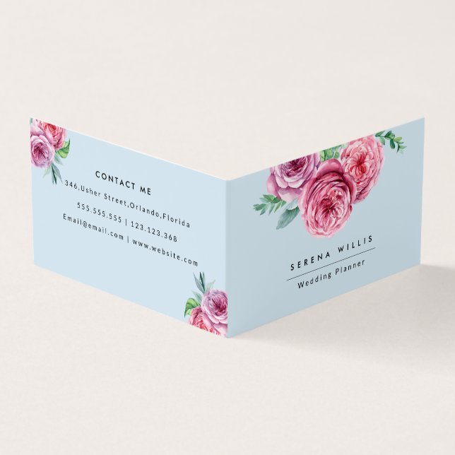 Floral Pink Flowers Blue Elegant Business Card (Outside)