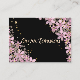 Floral pink flowers golden polka dots glitter shin business card