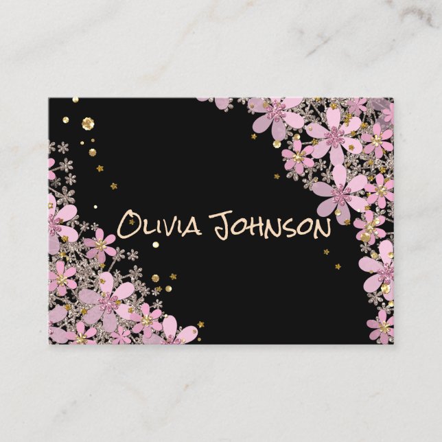 Floral pink flowers golden polka dots glitter shin business card (Front)