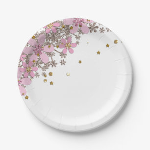 Floral pink flowers golden polka dots glitter shin paper plate