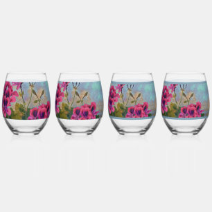 Floral/ Pink Flowers Muted background Stemless Wine Glass