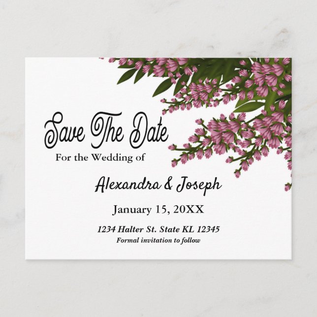 Floral Pink Flowers Save The Date Wedding Custom Announcement Postcard (Front)