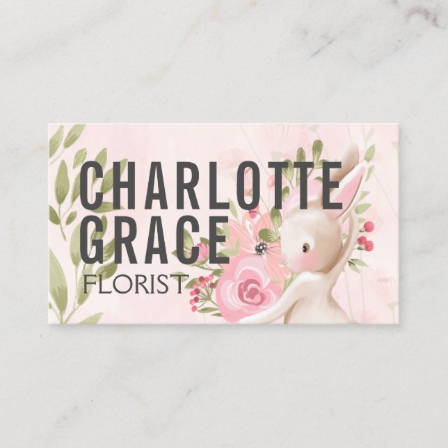 Floral Pink Flowers With Bunny Rabbit Personalised Business Card (Front)