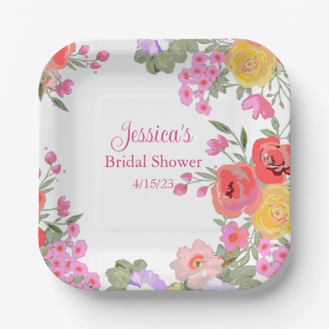 Floral Pink Garden Flowers Name Bridal Shower Paper Plate (Front)