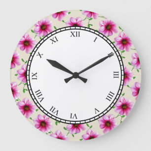 Floral Pink Garden Flowers Roman Digits Large Clock
