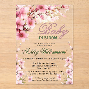 Floral Pink Girl Baby in Bloom Watercolor Acrylic Invitations