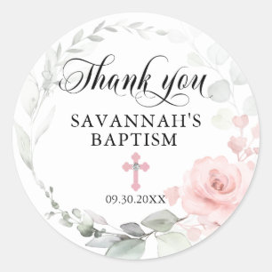 Floral Pink Girl Christening Baptism Thank You Classic Round Sticker