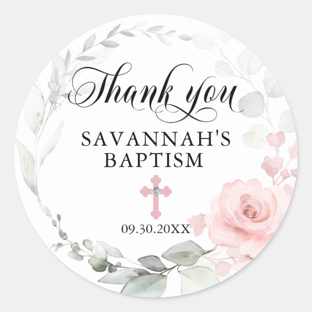 Floral Pink Girl Christening Baptism Thank You Classic Round Sticker (Front)