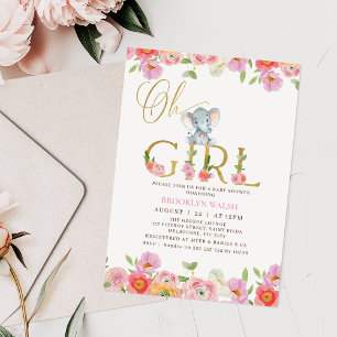 Floral Pink Girls Oh Baby Elephant Baby Shower Inv Invitation