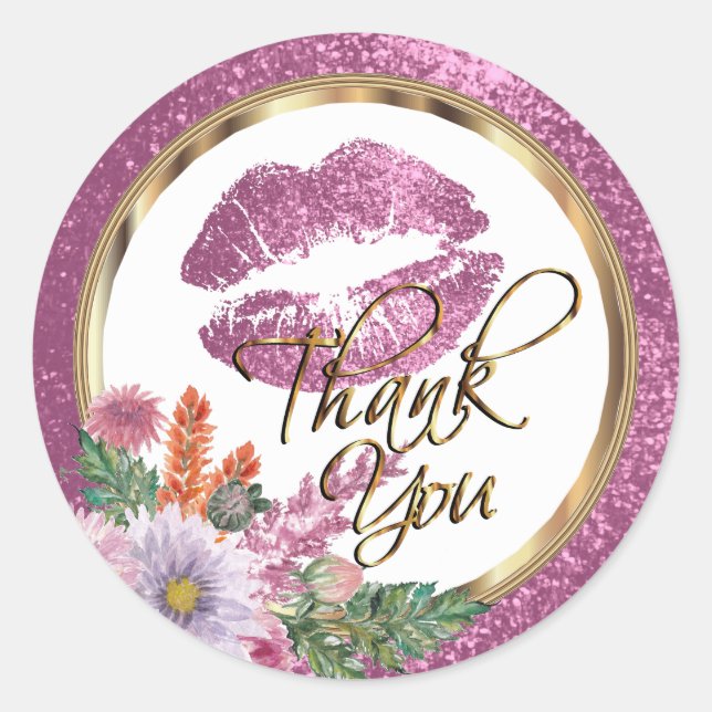 Floral Pink Glitter Kiss Proof Lips Classic Round Sticker (Front)