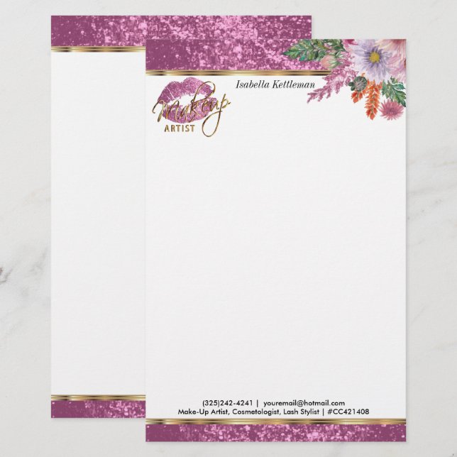 Floral Pink Glitter Kiss Proof Lips Stationery (Front/Back)