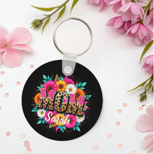 floral pink glitter mum key ring