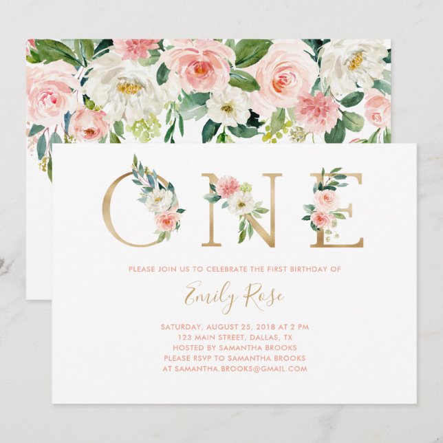 Floral Pink Gold 1st Birthday Party Invitation (Front/Back)