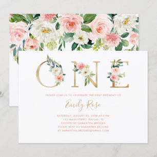 Floral Pink Gold 1st Birthday Party Invitation
