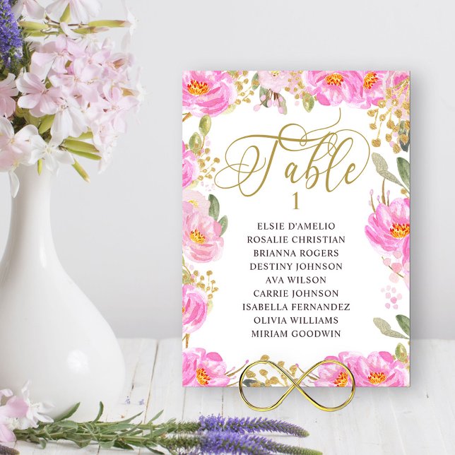 Floral Pink Gold Any Table Number Seating Chart (Table Number and guest names from my Pink and Gold Watercolor Floral Collection)
