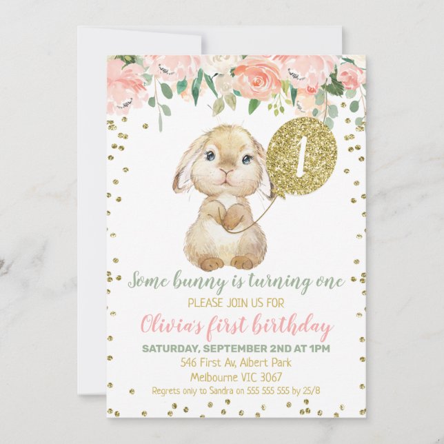 Floral Pink Gold Balloon Fluffy Bunny 1st Birthday Invitation (Front)