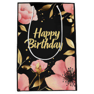 Floral Pink Gold Black Birthday Medium Gift Bag
