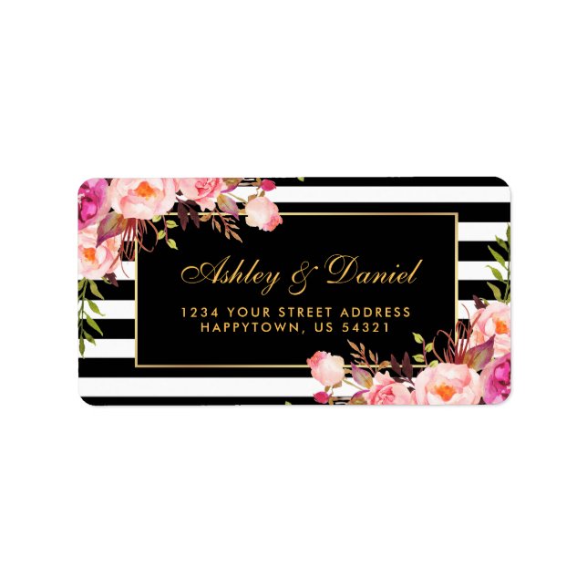 Floral Pink Gold Black Stripes Wedding Label (Front)