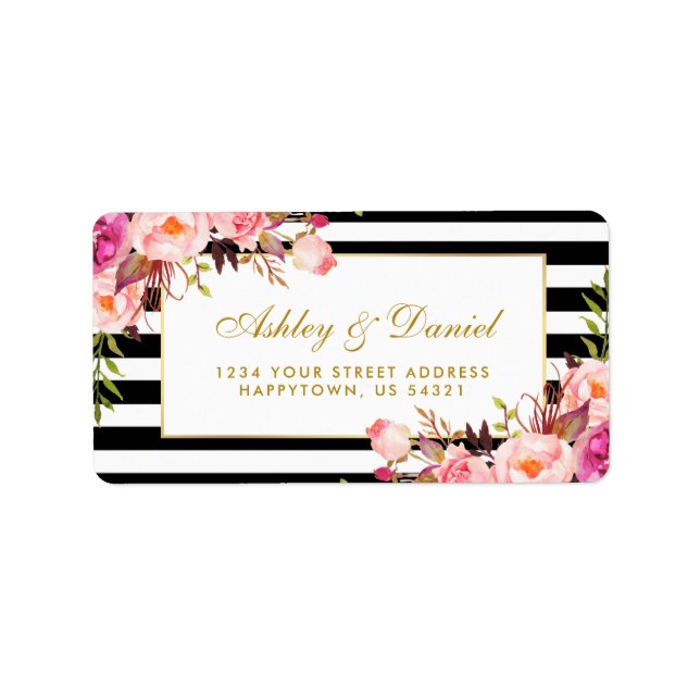 Floral Pink Gold Black White Stripes Wedding Label (Front)