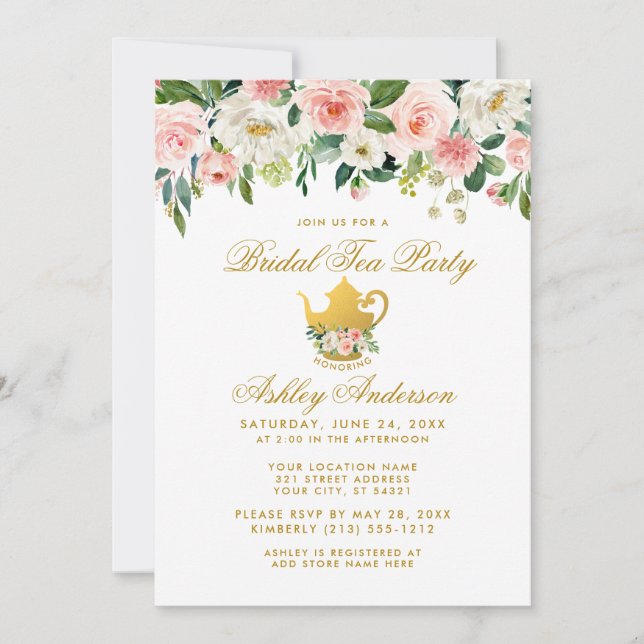 Floral Pink Gold Bridal Shower Tea Party Invite (Front)