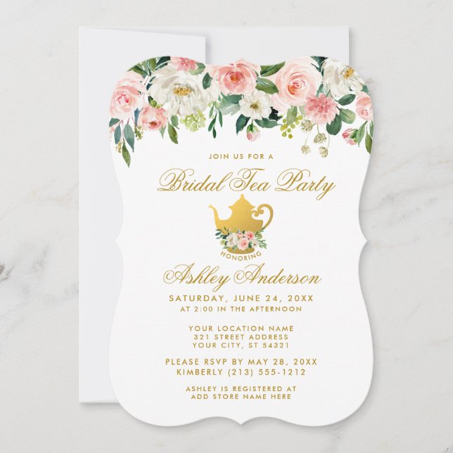 Floral Pink Gold Bridal Shower Tea Party Invite (Front)