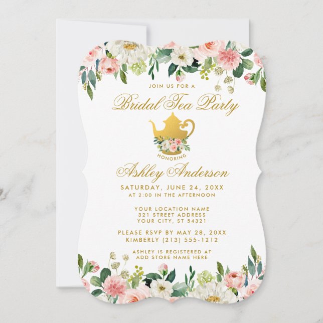 Floral Pink Gold Bridal Shower Tea Party Invite B (Front)
