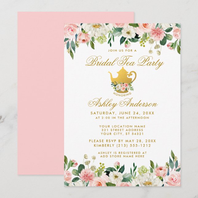 Floral Pink Gold Bridal Shower Tea Party Invite P (Front/Back)