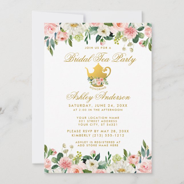 Floral Pink Gold Bridal Shower Tea Party Invite W (Front)