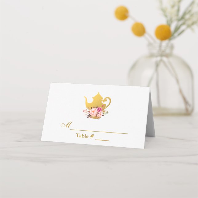 Floral Pink Gold Bridal Shower Tea Party Place Card (Front)