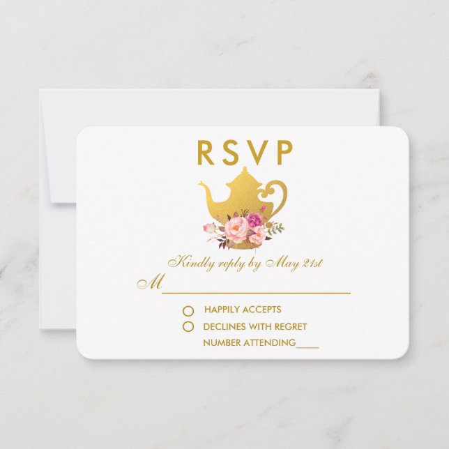 Floral Pink Gold Bridal Shower Tea Party RSVP Card (Front)