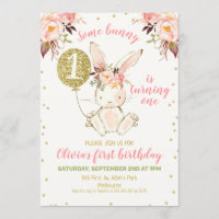 Floral Pink Gold Bunny 1st Birthday Invitation