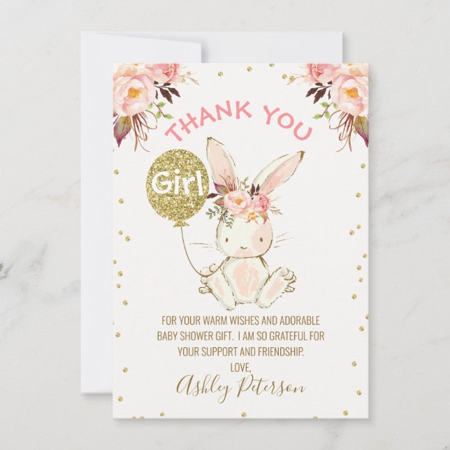 Floral Pink Gold Bunny Baby Shower Thank You Card (Front)