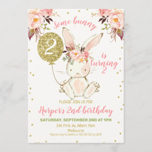 Floral Pink Gold Bunny Birthday Invitation
