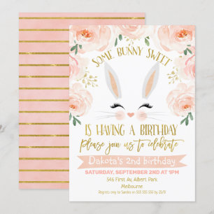 Floral Pink Gold Bunny Face Birthday Invitation