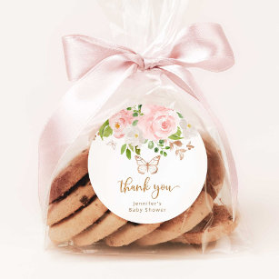 Floral pink gold butterfly thank you classic round sticker
