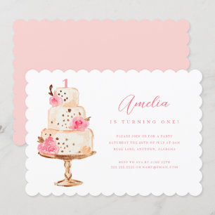 Floral Pink Gold Cake First Birthday Party Invitation