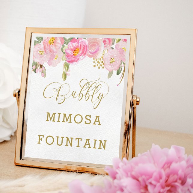 Floral Pink Gold Calligraphy Bubbly Mimosa Sign (Mimosa Fountain sign from my Pink and Gold Watercolor Floral Bridal Shower Collection)