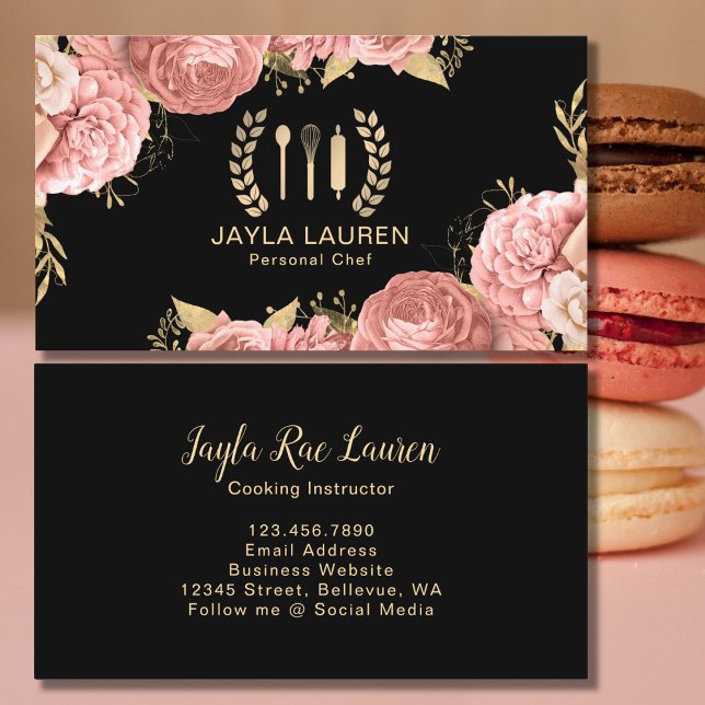 Floral Pink Gold Chef Catering Cooking Utensils Business Card (Creator Uploaded)